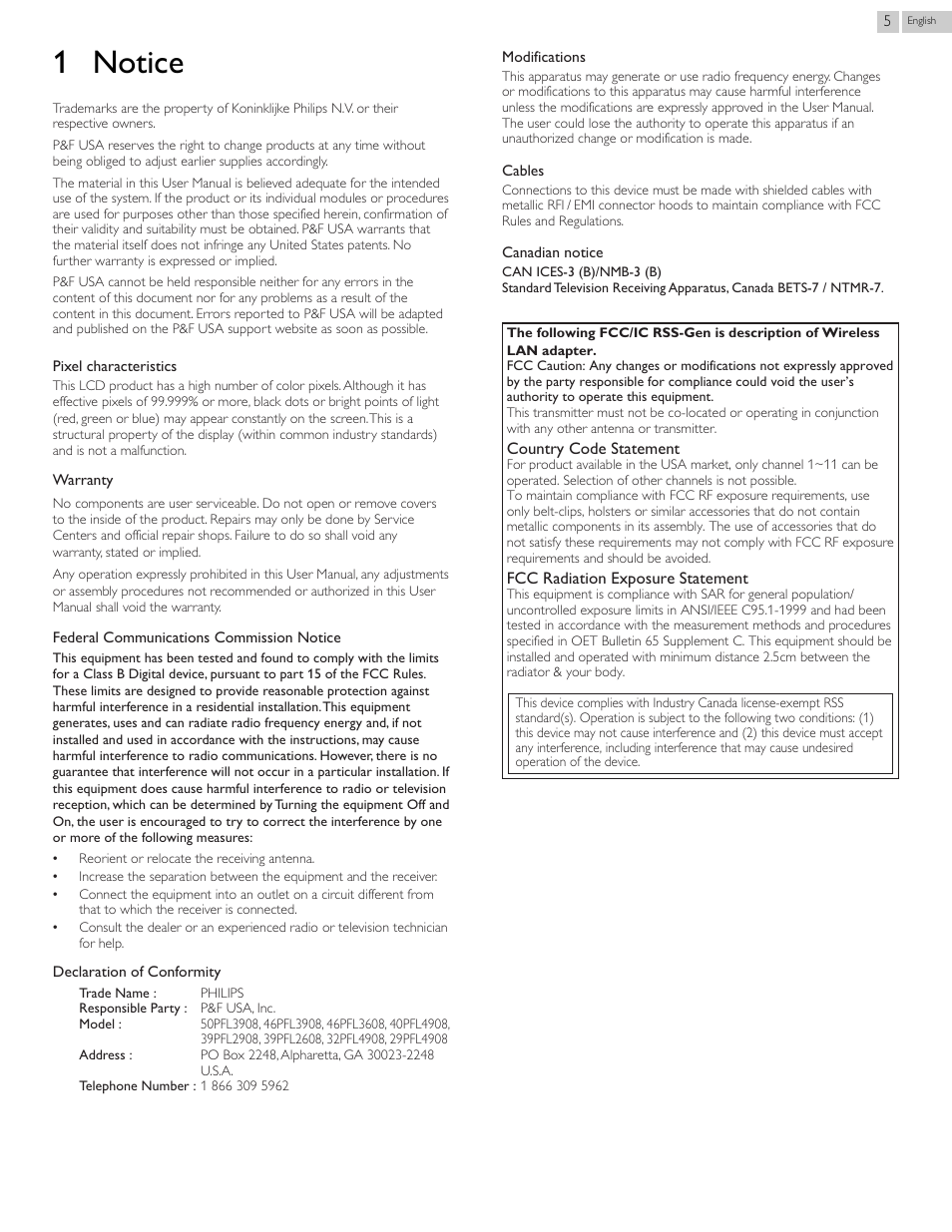 1 notice, Notice | Philips 29PFL4908-F7 User Manual | Page 5 / 112