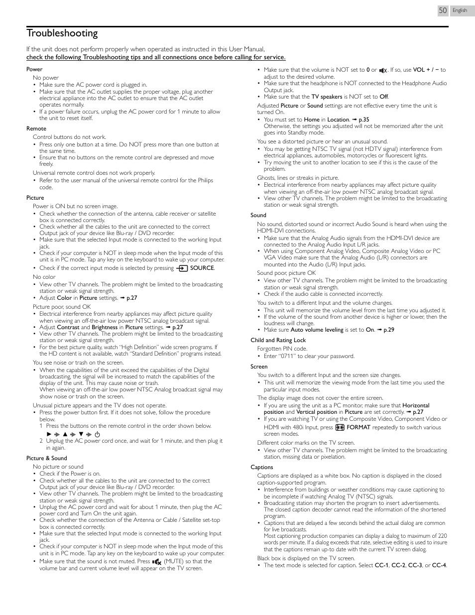 Troubleshooting | Philips 29PFL4908-F7 User Manual | Page 50 / 112