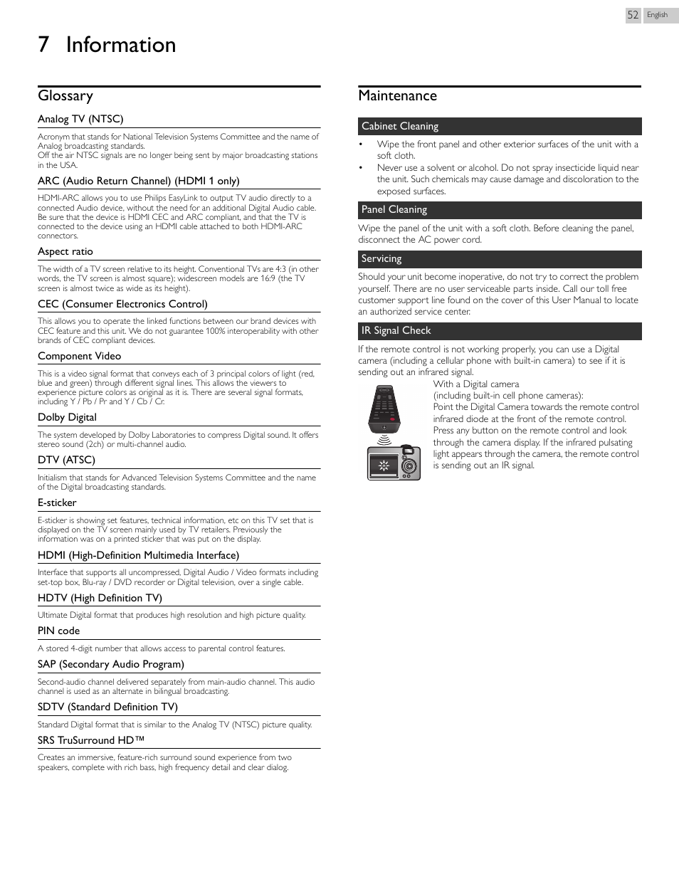 7 information, Glossary, Maintenance | Information, Ir signal check, P.52 | Philips 29PFL4908-F7 User Manual | Page 52 / 112