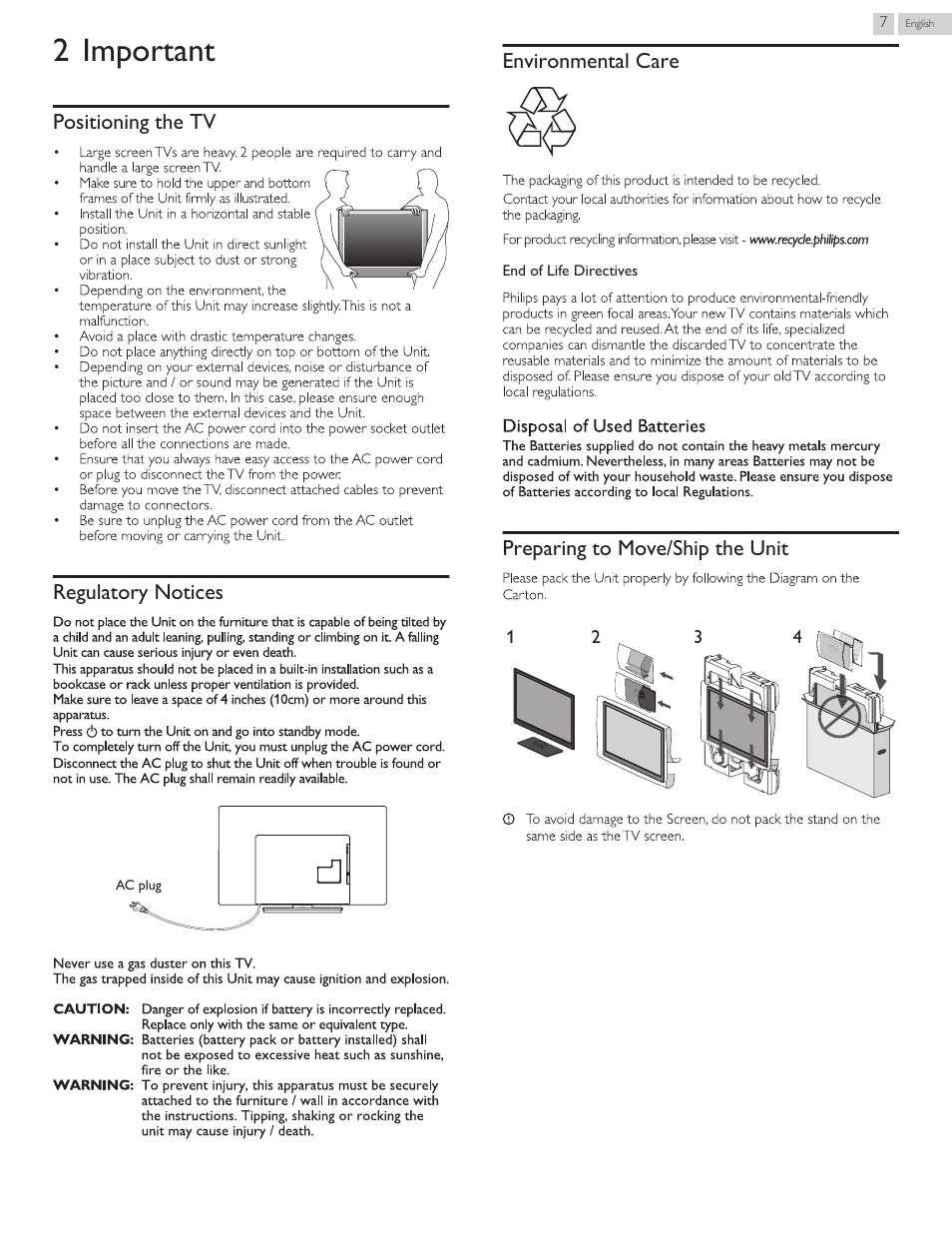 Important, Positioning the tv, Regulatory notices | Environmental care, Preparing to move/ship the unit, 2 important | Philips 29PFL4908-F7 User Manual | Page 63 / 112