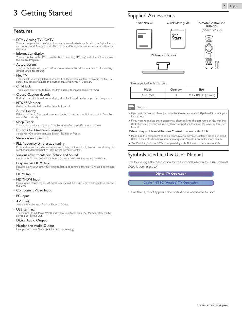 Getting started, Features, Supplied accessories | Symbols used in this user manual, 3 getting started | Philips 29PFL4908-F7 User Manual | Page 64 / 112