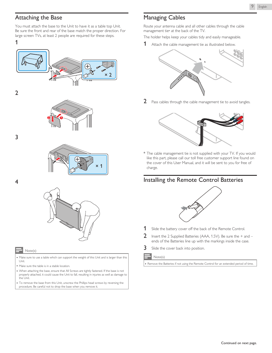 Attaching the base, Managing cables, Installing the remote control batteries | Installing the remote control batteries 1 | Philips 29PFL4908-F7 User Manual | Page 65 / 112