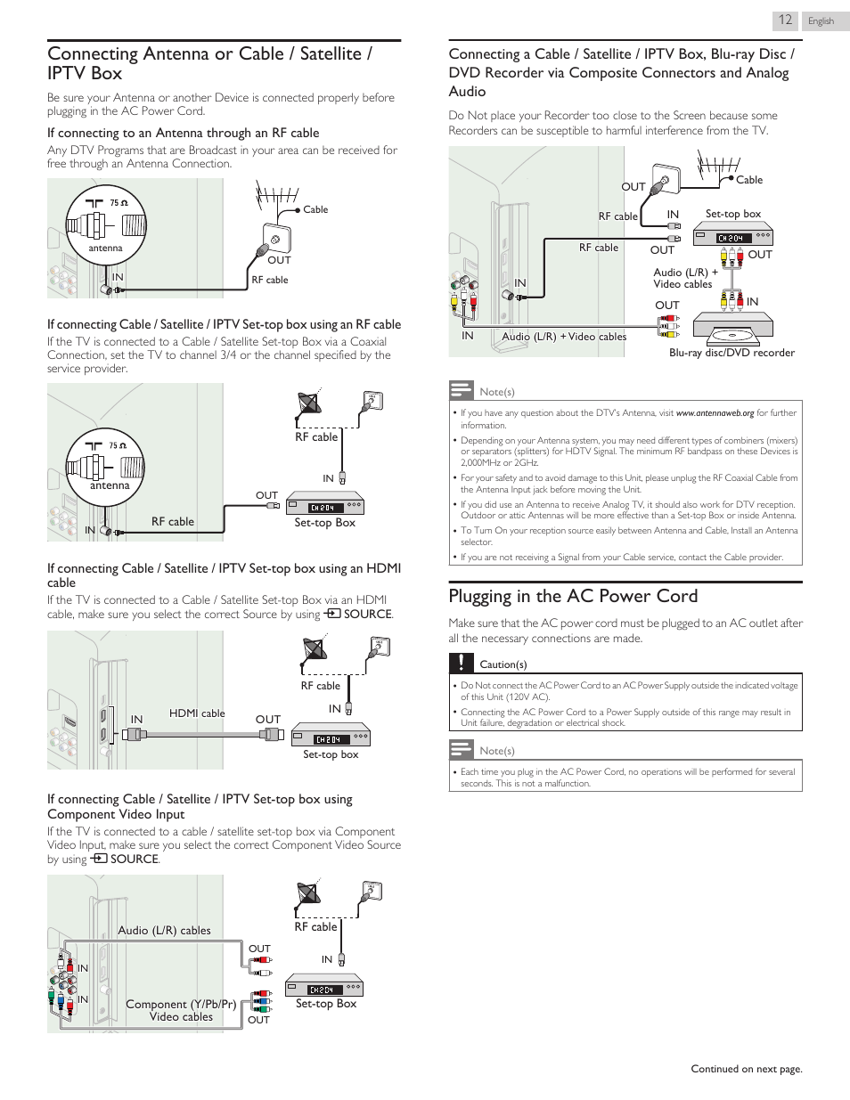 Connecting antenna or cable / satellite / iptv box, Plugging in the ac power cord | Philips 29PFL4908-F7 User Manual | Page 68 / 112