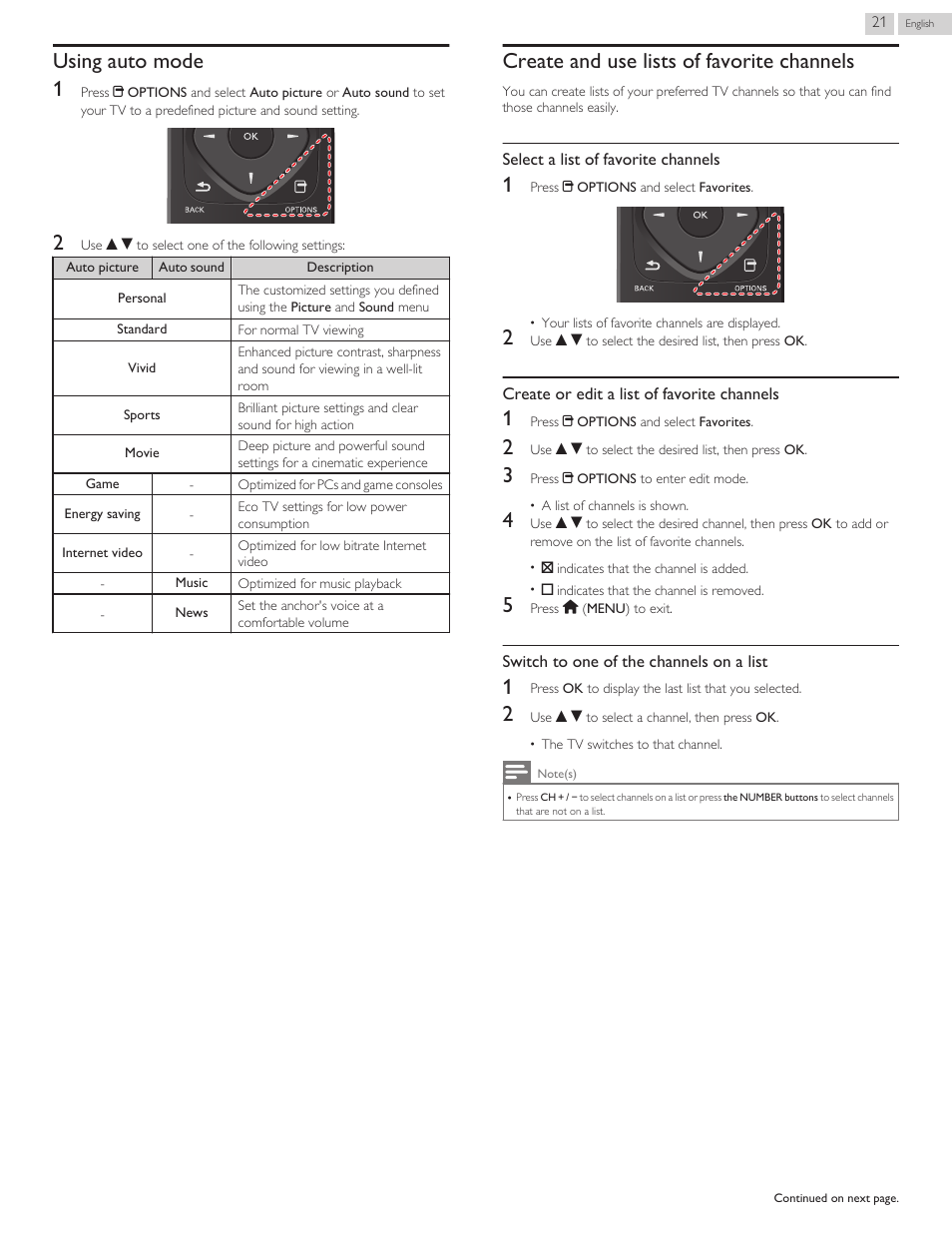 Using auto mode, Create and use lists of favorite channels, Select a list of favorite channels | Create or edit a list of favorite channels, Switch to one of the channels on a list, Using auto mode 1 | Philips 29PFL4908-F7 User Manual | Page 77 / 112