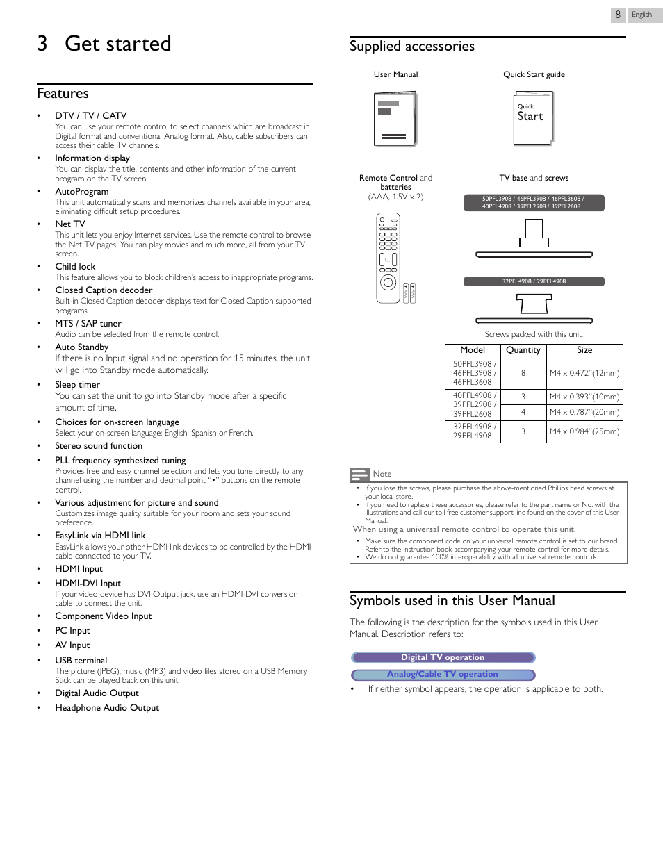 3 get started, Features, Supplied accessories | Symbols used in this user manual, Get started | Philips 29PFL4908-F7 User Manual | Page 8 / 112