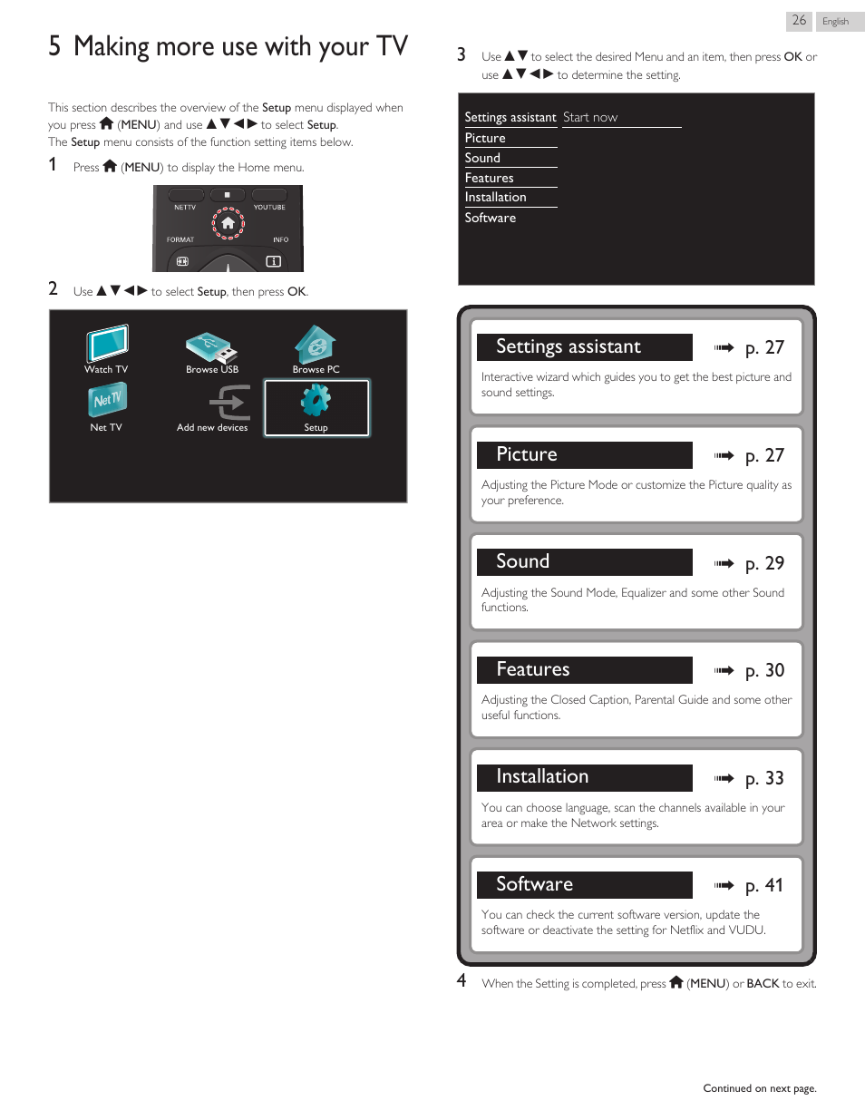 Making more use with your tv, 5 making more use with your tv, Settings assistant | Picture, Sound, Features, Installation, Software, L p. 27, L p. 29 | Philips 29PFL4908-F7 User Manual | Page 82 / 112