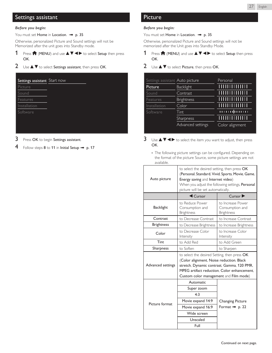 Settings assistant, Picture, Settings assistant l p. 27 | L p. 27 | Philips 29PFL4908-F7 User Manual | Page 83 / 112