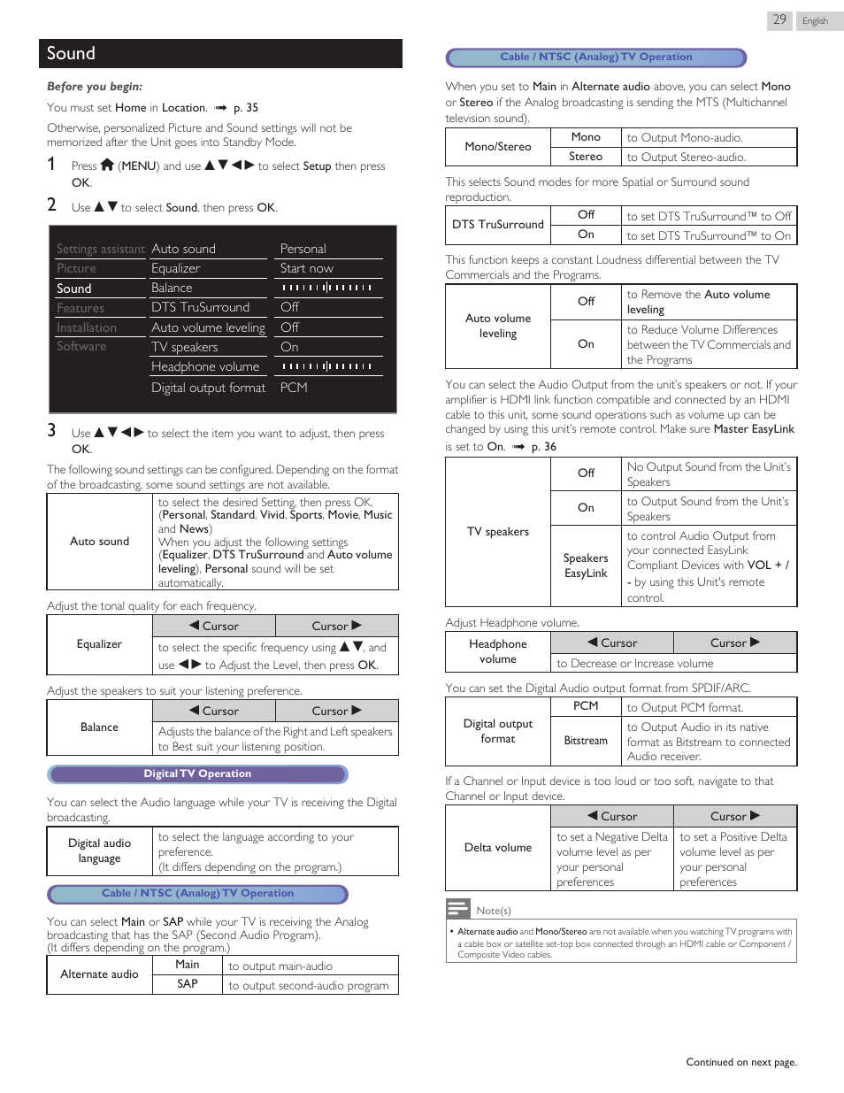 Sound, Sound l p. 29, L p. 29 | Philips 29PFL4908-F7 User Manual | Page 85 / 112