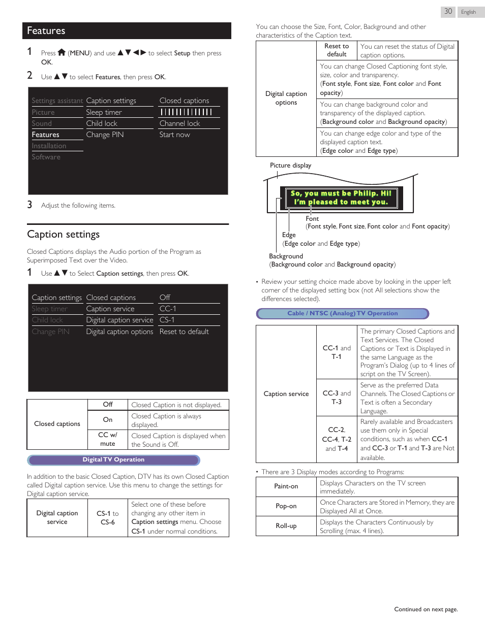 Features, Caption settings, Caption settings l p. 30 | L p. 30, Features 1 | Philips 29PFL4908-F7 User Manual | Page 86 / 112