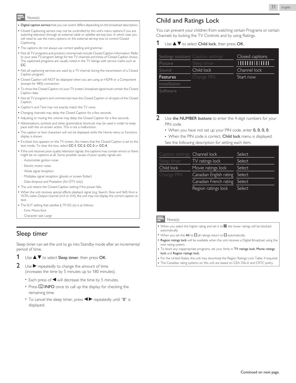 Sleep timer, Child and ratings lock, Child and ratings lock l p. 31 | Sleep timer l p. 31, Select | Philips 29PFL4908-F7 User Manual | Page 87 / 112