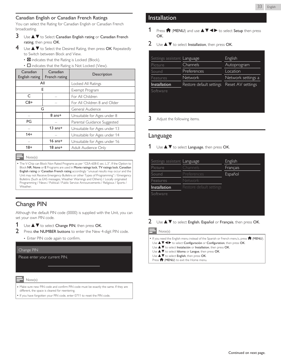 Change pin, Installation, Language | Language l p. 33, L p. 33, Installation 1, Language 1 | Philips 29PFL4908-F7 User Manual | Page 89 / 112