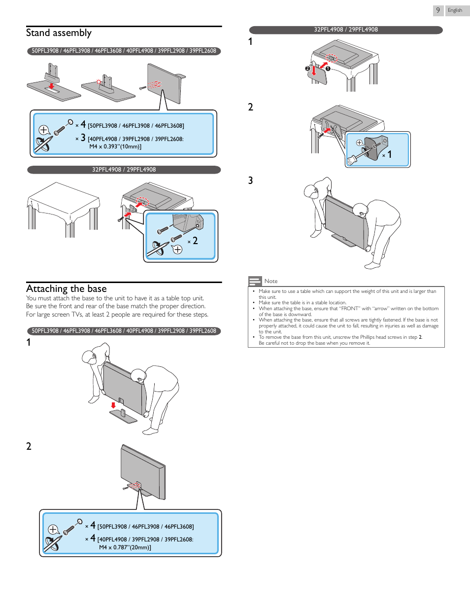 Stand assembly, Attaching the base, Stand assembly attaching the base | Philips 29PFL4908-F7 User Manual | Page 9 / 112