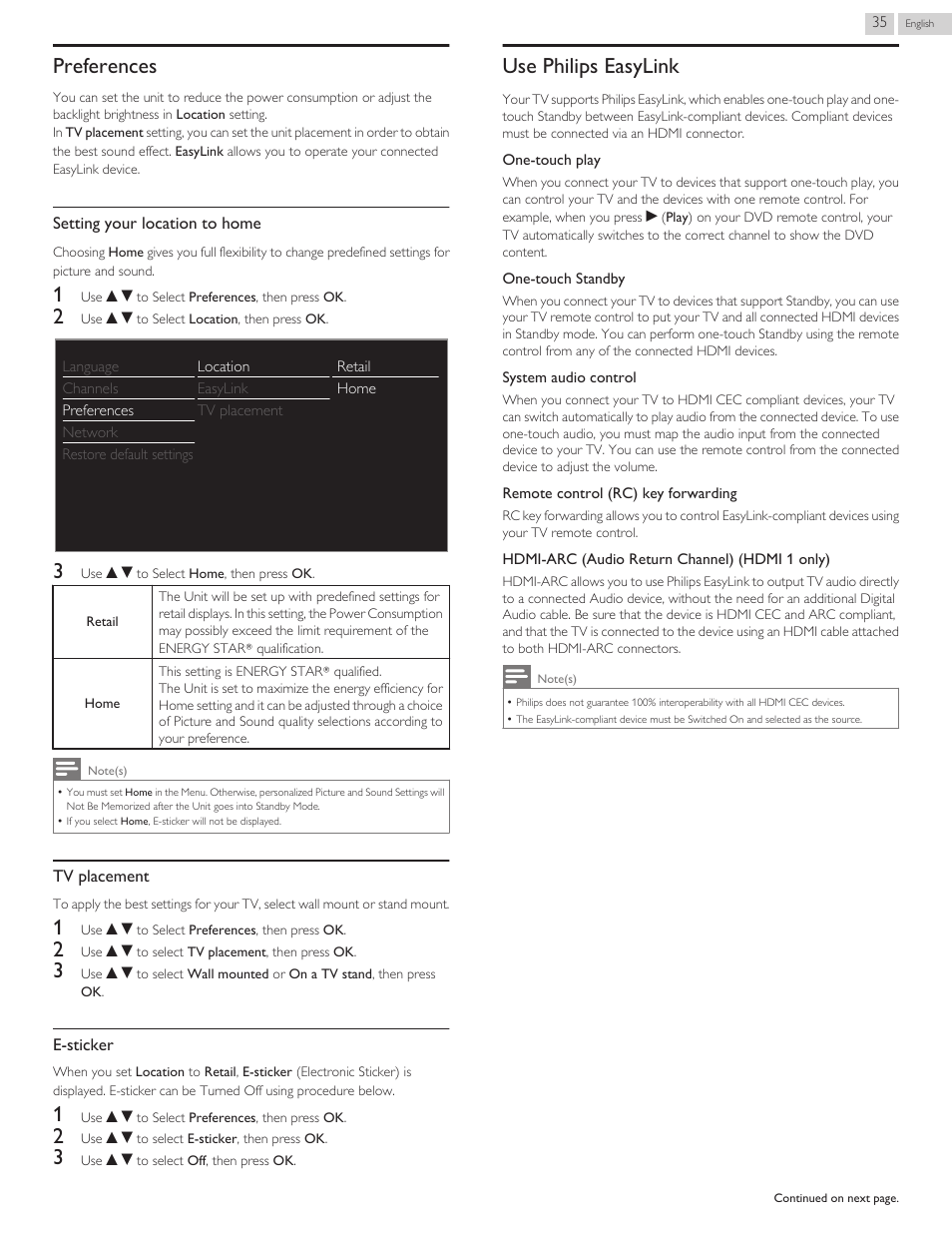 Preferences, Use philips easylink, Location l p. 35 | L p. 35 | Philips 29PFL4908-F7 User Manual | Page 91 / 112