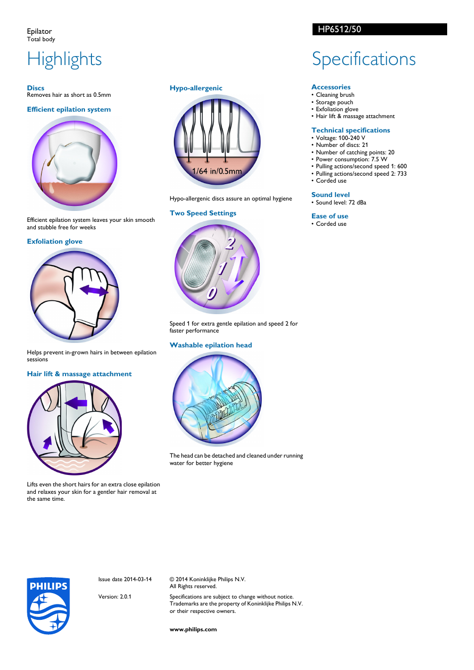 Highlights, Specifications | Philips HP6512-50 User Manual | Page 2 / 2