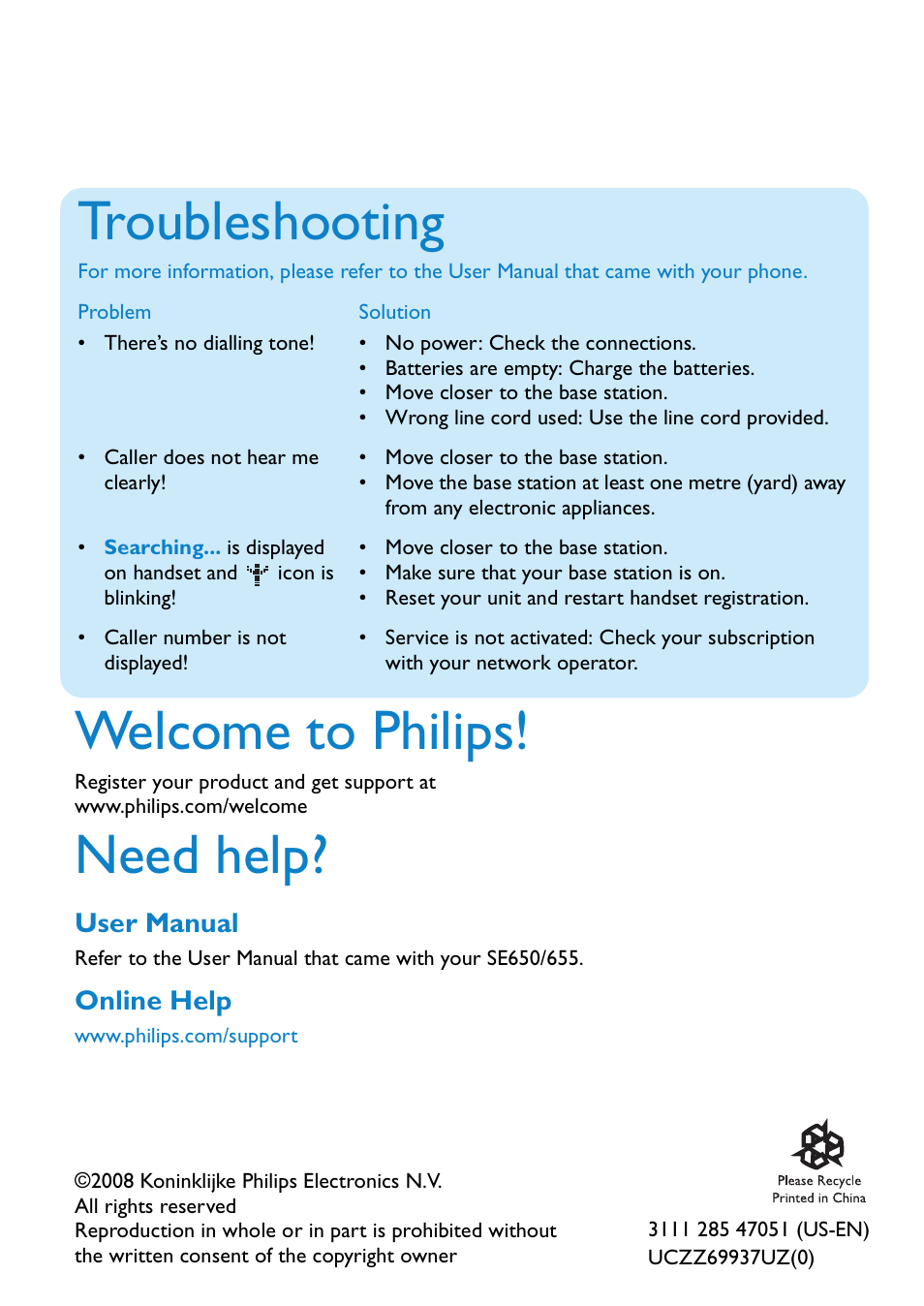 Welcome to philips, Need help, Troubleshooting | Philips SE6552B-17 User Manual | Page 6 / 6
