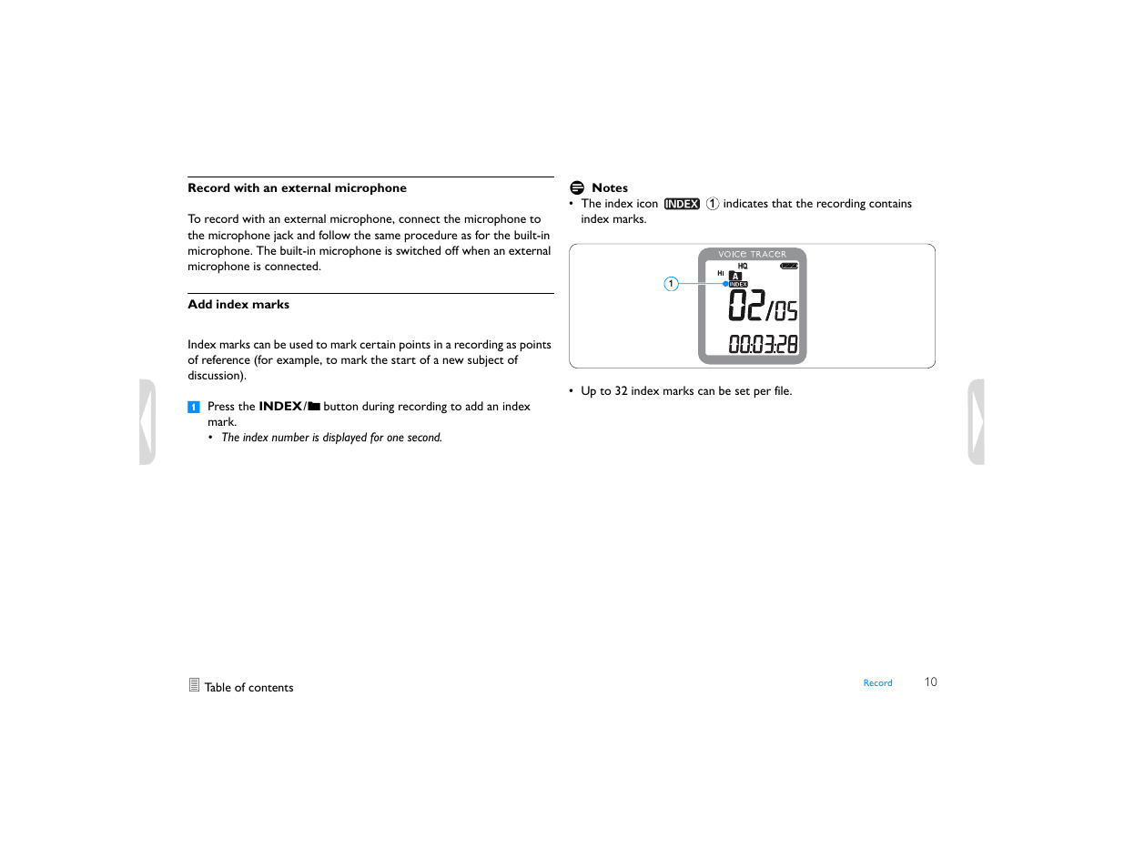 Record with an external microphone, Add index marks | Philips LFH0645-27 User Manual | Page 10 / 22