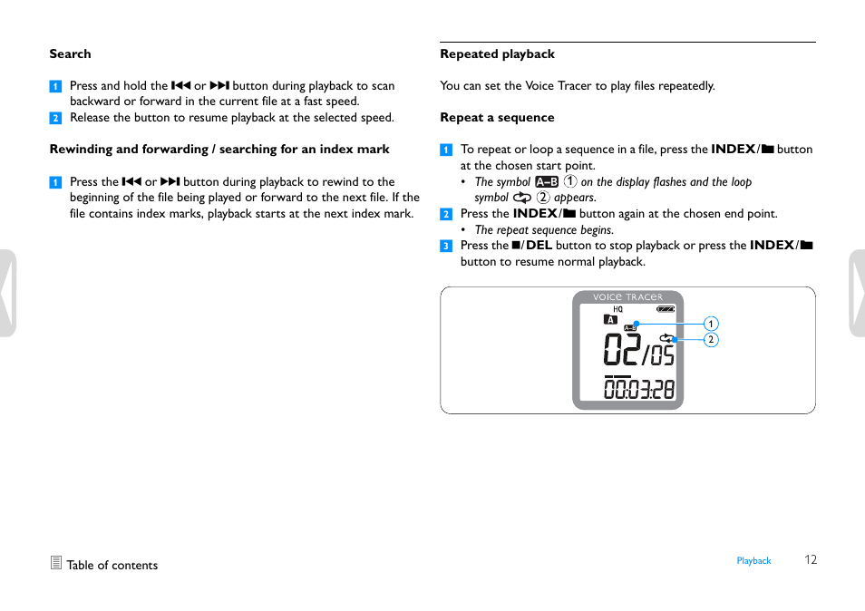 Search, Repeated playback, Repeat a sequence | Philips LFH0645-27 User Manual | Page 12 / 22