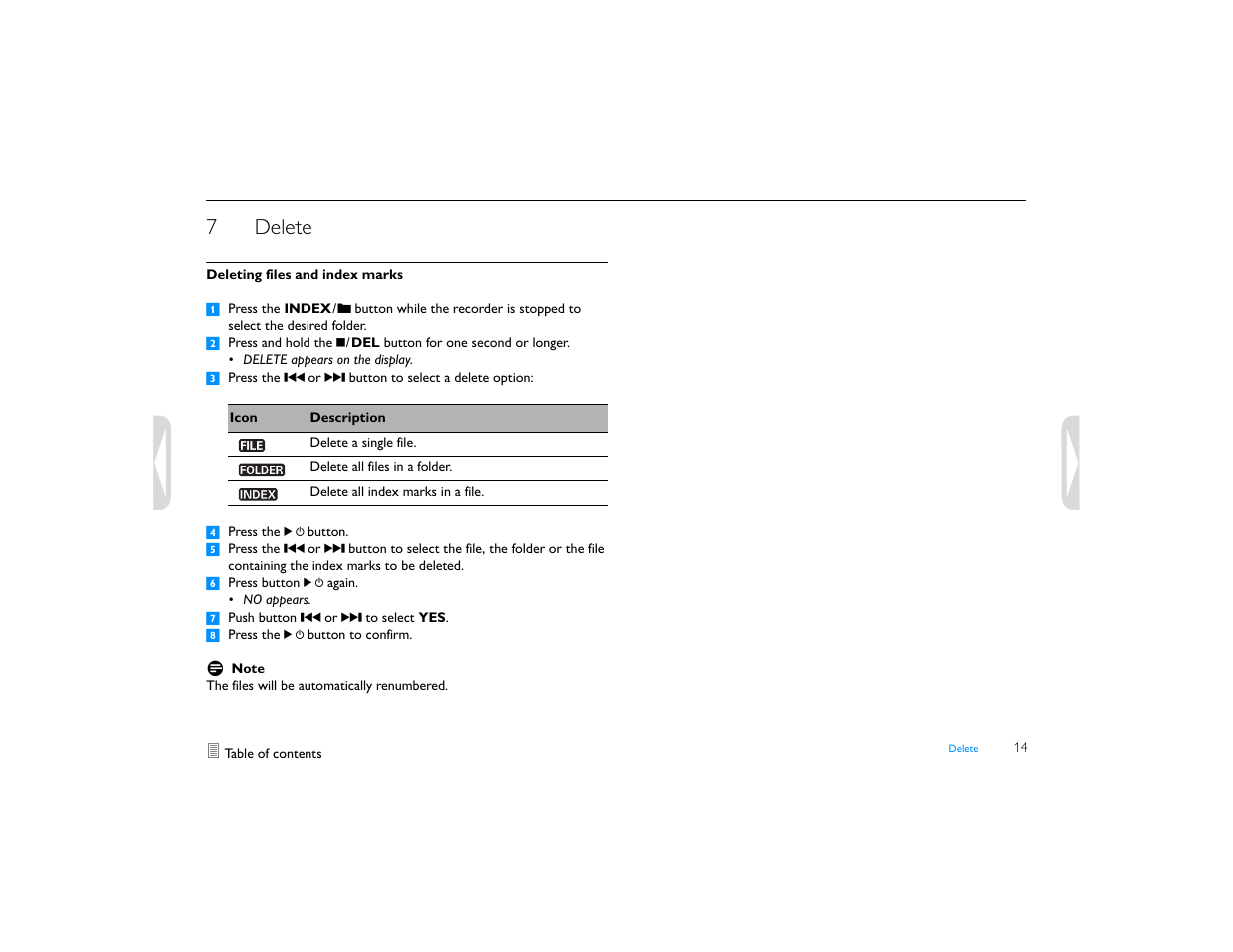 7 delete, Deleting files and index marks, 4 press the f button | 6 press button f again, 7 push button h or b to select yes, 8 press the f button to confirm, Delete, 7delete | Philips LFH0645-27 User Manual | Page 14 / 22