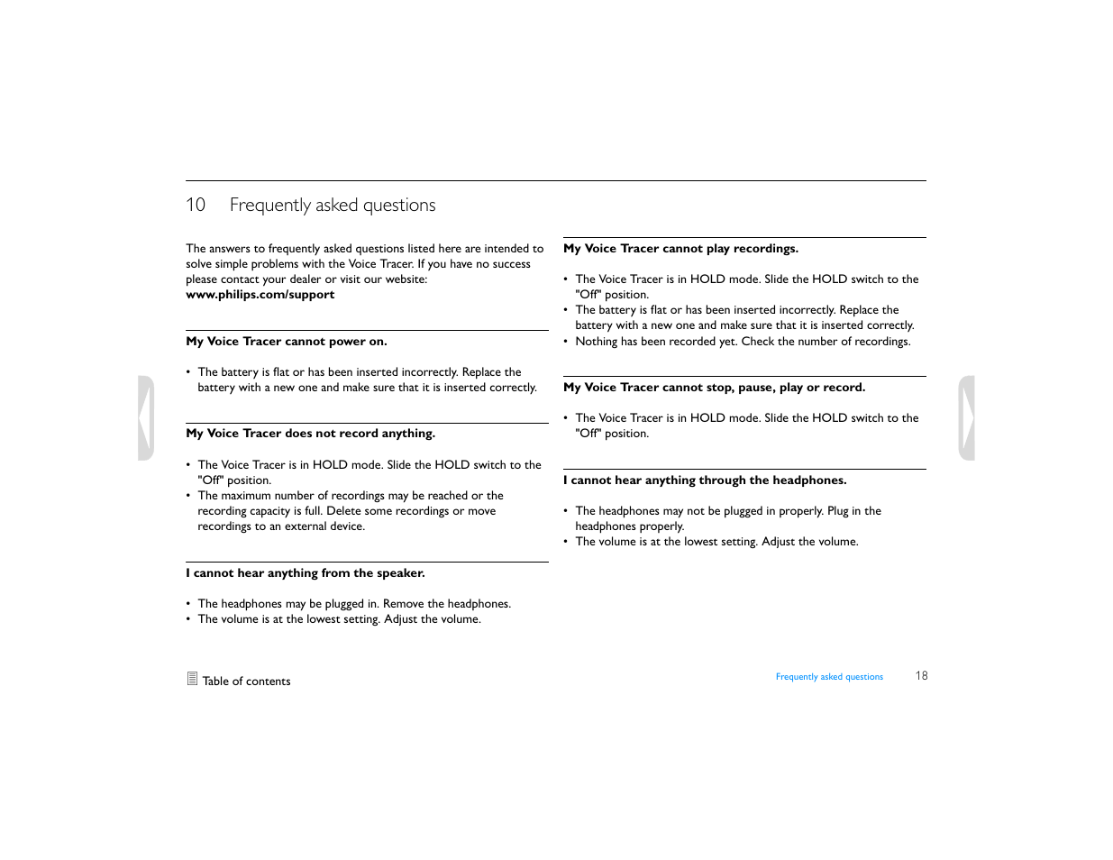 10 frequently asked questions, My voice tracer cannot power on, My voice tracer does not record anything | I cannot hear anything from the speaker, My voice tracer cannot play recordings, My voice tracer cannot stop, pause, play or record, I cannot hear anything through the headphones, Frequently asked questions | Philips LFH0645-27 User Manual | Page 18 / 22