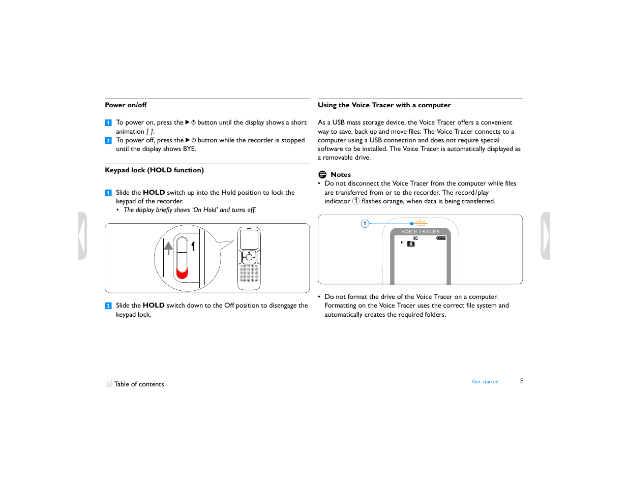 Power on/off, Keypad lock (hold function), Using the voice tracer with a computer | Philips LFH0645-27 User Manual | Page 8 / 22