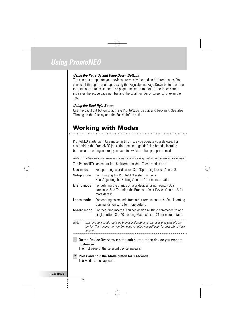 Using prontoneo, Working with modes | Philips TSU500 User Manual | Page 10 / 40