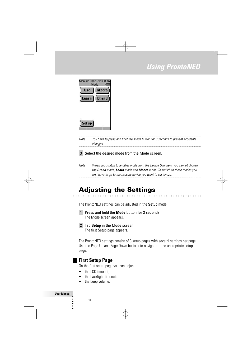 Using prontoneo, Adjusting the settings, First setup page | Philips TSU500 User Manual | Page 11 / 40