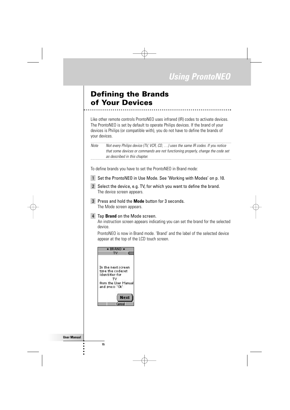 Using prontoneo, Defining the brands of your devices | Philips TSU500 User Manual | Page 15 / 40