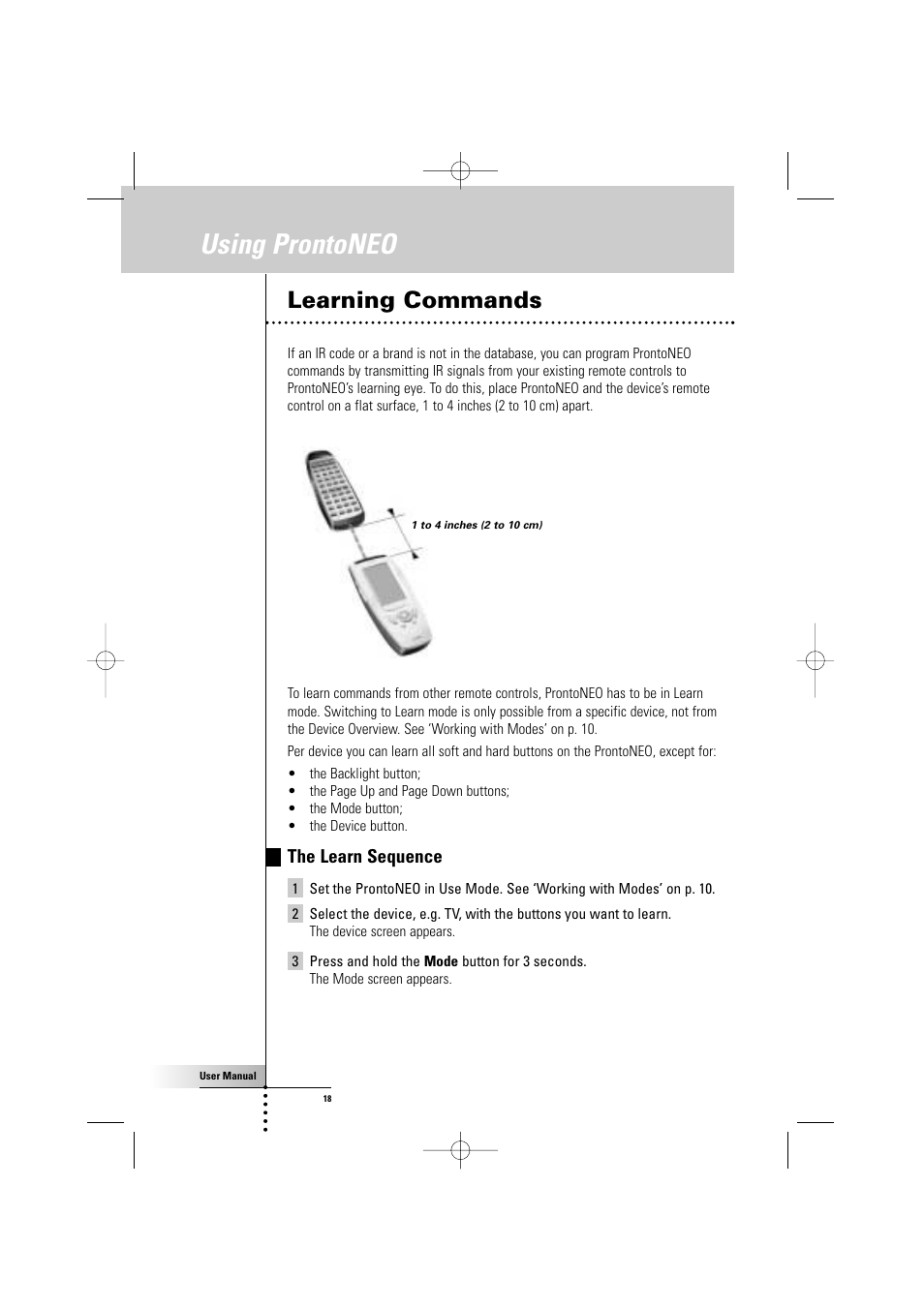 Using prontoneo, Learning commands | Philips TSU500 User Manual | Page 18 / 40