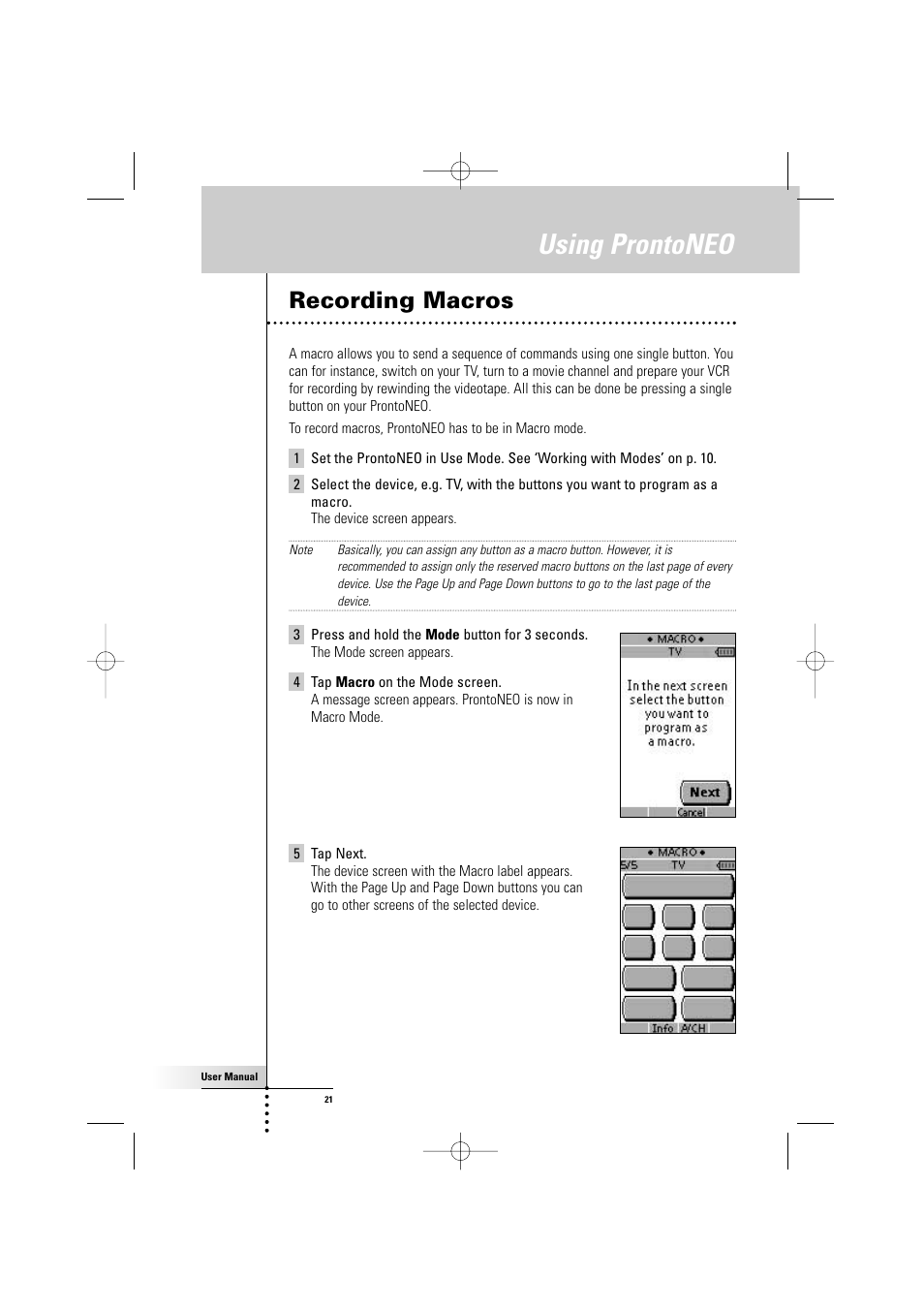 Using prontoneo, Recording macros | Philips TSU500 User Manual | Page 21 / 40