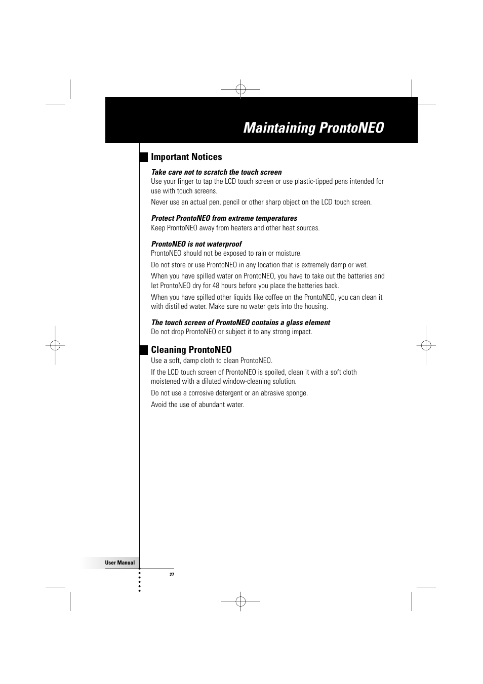 Maintaining prontoneo, Important notices, Cleaning prontoneo | Philips TSU500 User Manual | Page 27 / 40