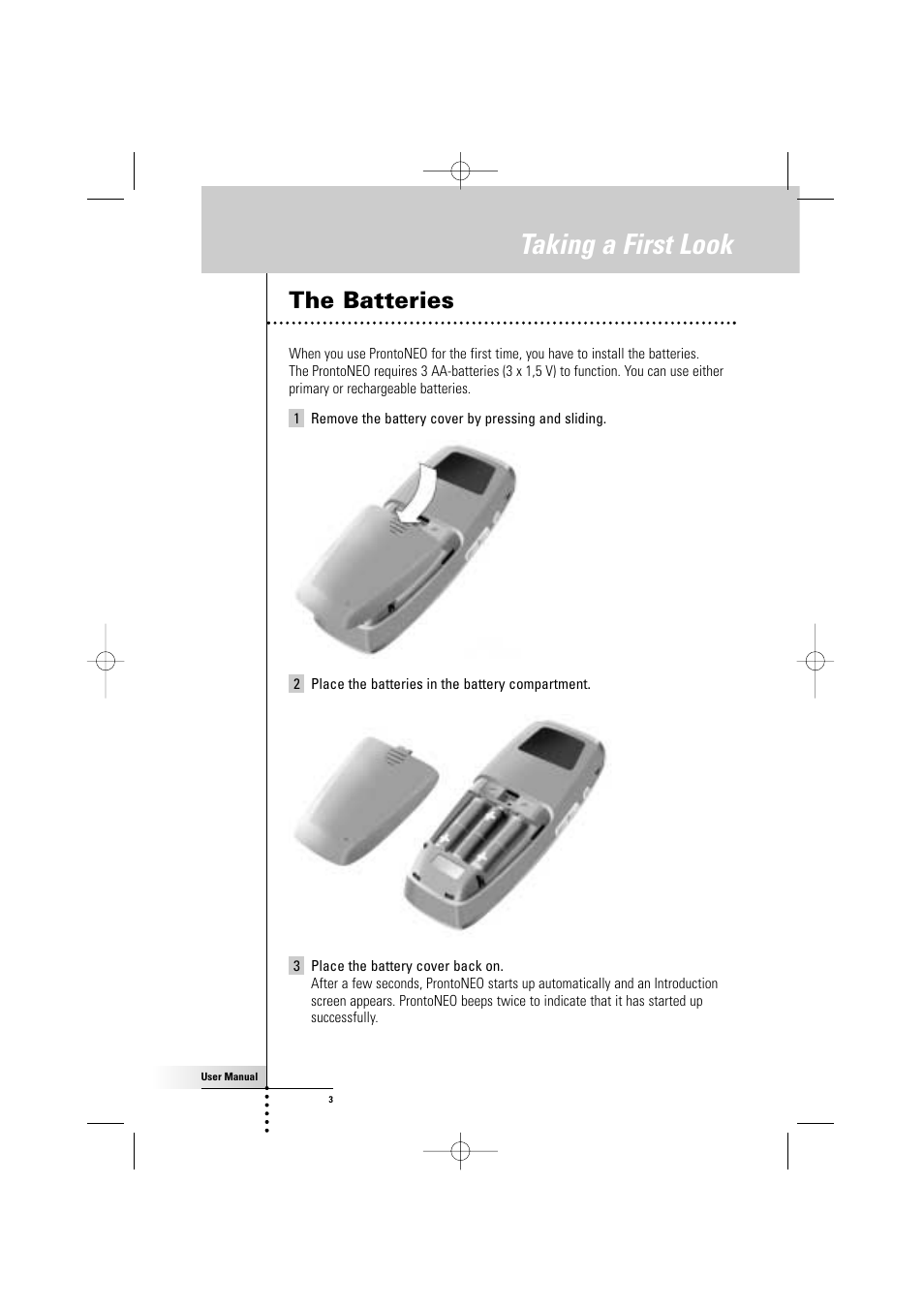 Taking a first look, The batteries | Philips TSU500 User Manual | Page 3 / 40