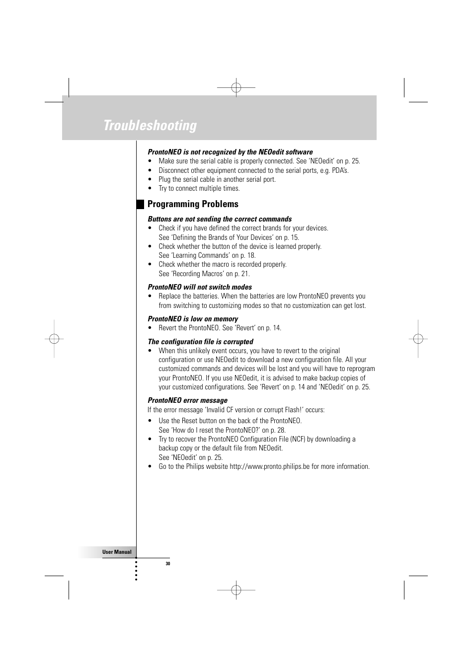 Troubleshooting, Programming problems | Philips TSU500 User Manual | Page 30 / 40