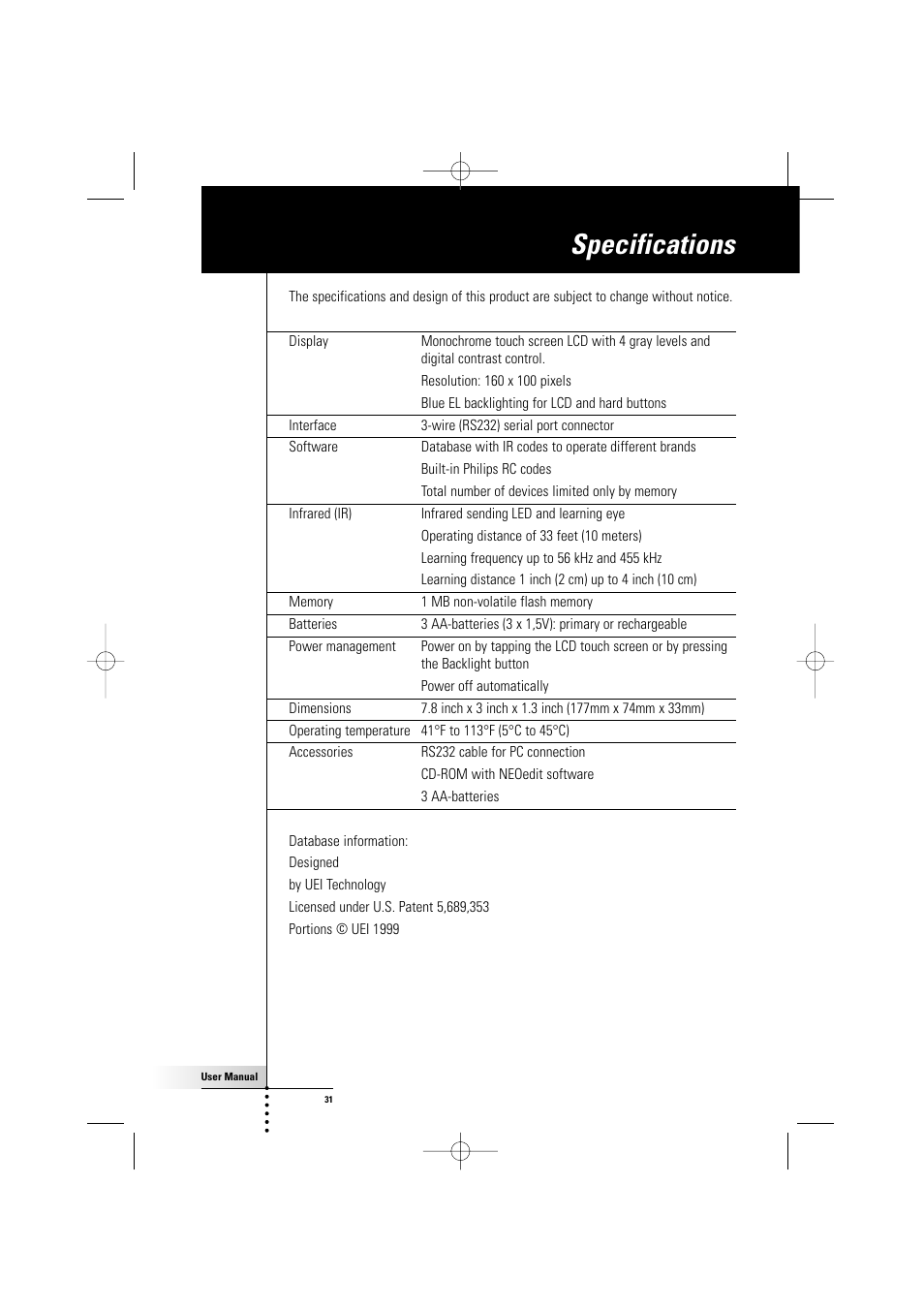 Specifications | Philips TSU500 User Manual | Page 31 / 40