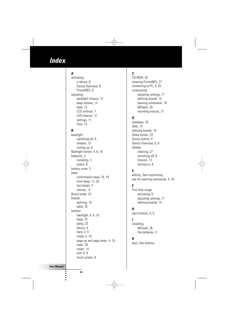 Index | Philips TSU500 User Manual | Page 38 / 40