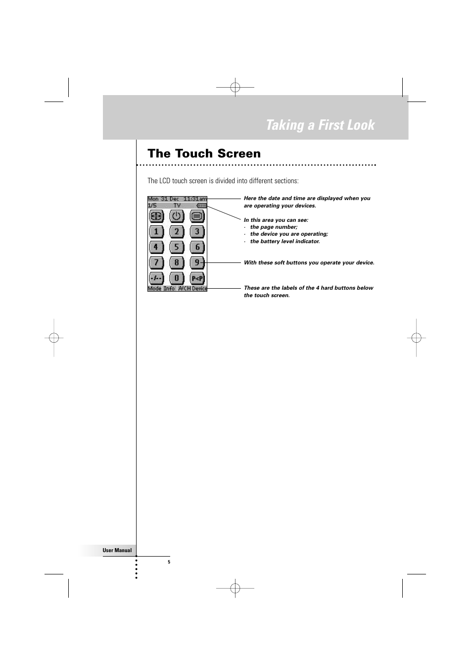 Taking a first look, The touch screen | Philips TSU500 User Manual | Page 5 / 40