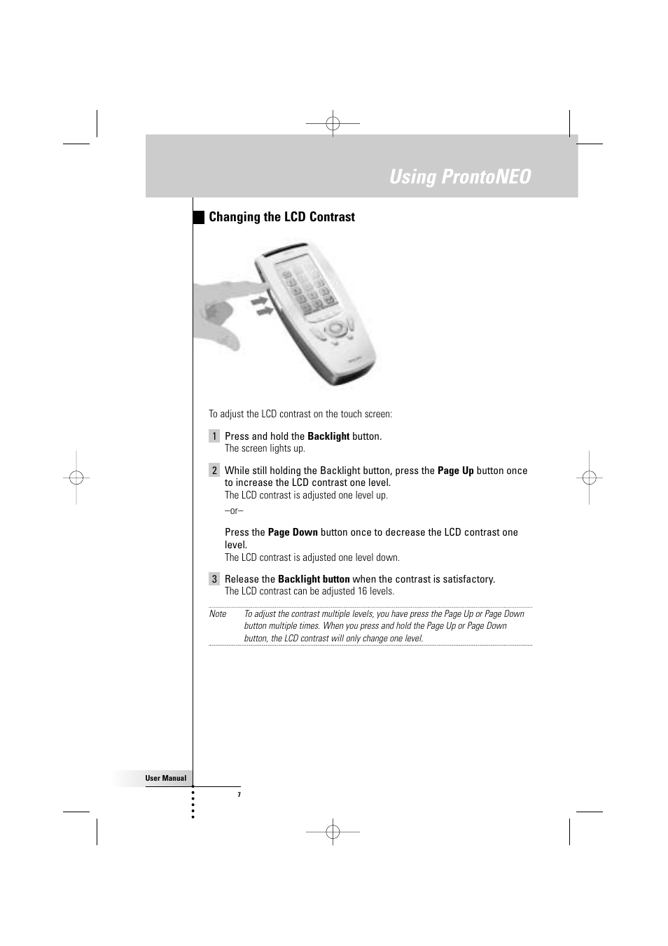 Using prontoneo, Changing the lcd contrast | Philips TSU500 User Manual | Page 7 / 40