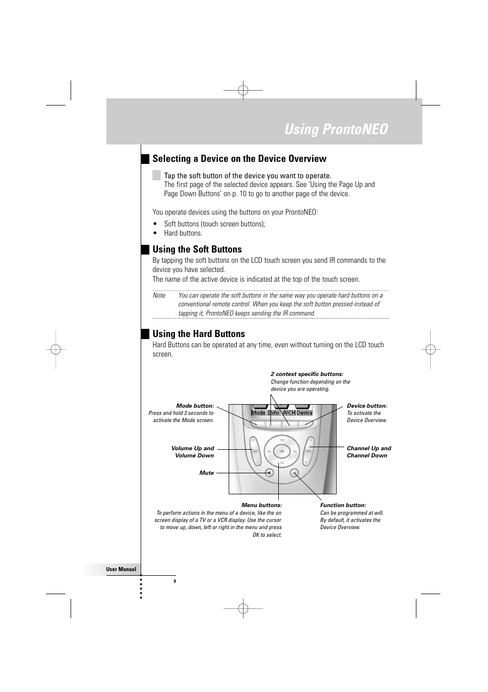 Using prontoneo, Selecting a device on the device overview, Using the soft buttons | Using the hard buttons | Philips TSU500 User Manual | Page 9 / 40