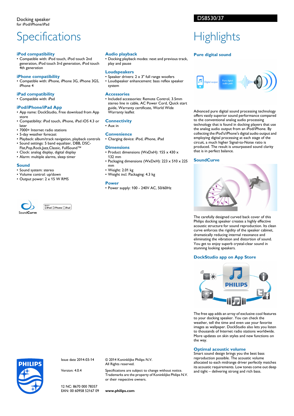 Specifications, Highlights | Philips DS8530-37 User Manual | Page 2 / 2