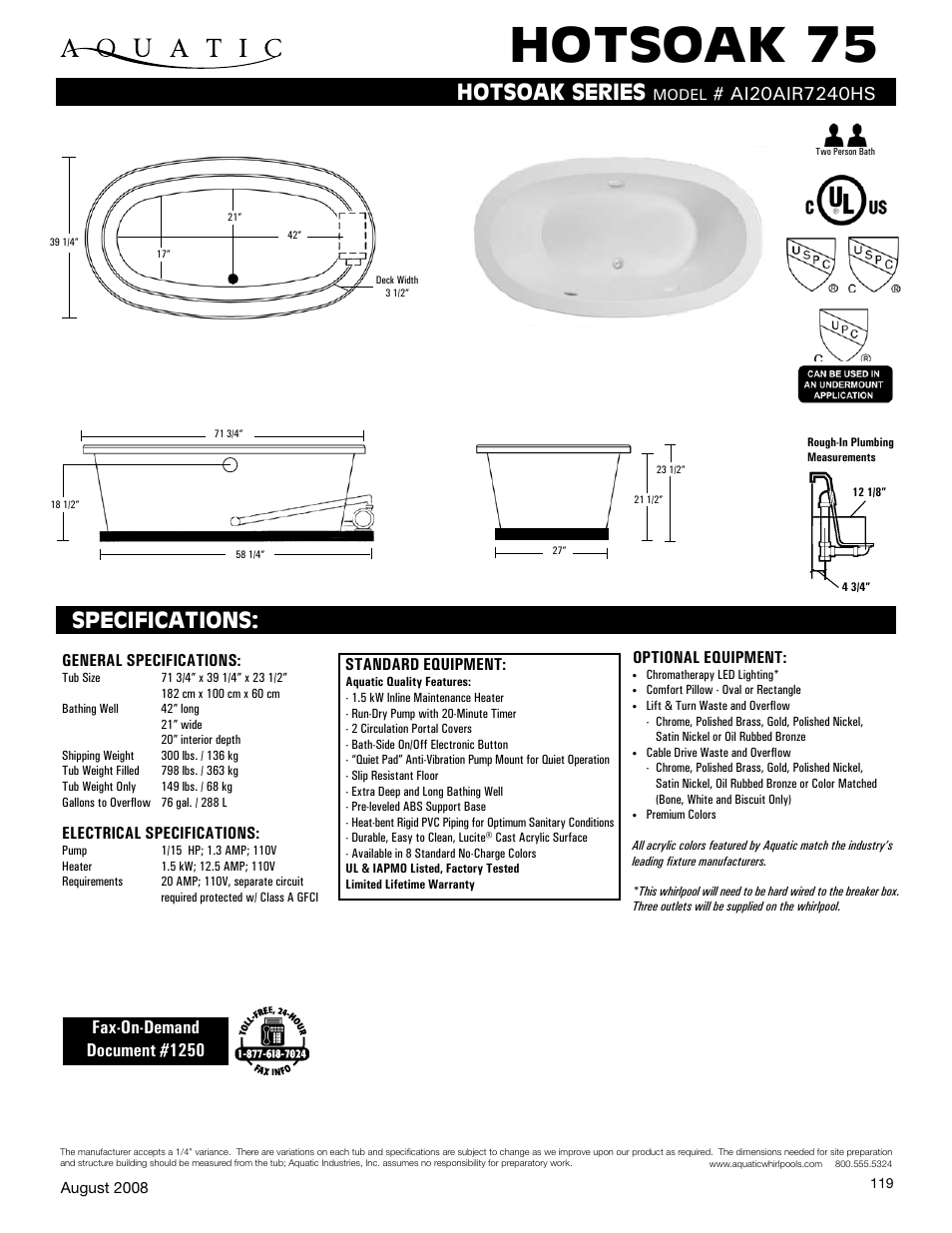 Aquatic Hotsoak 75 AI20AIR7240HS User Manual | 1 page