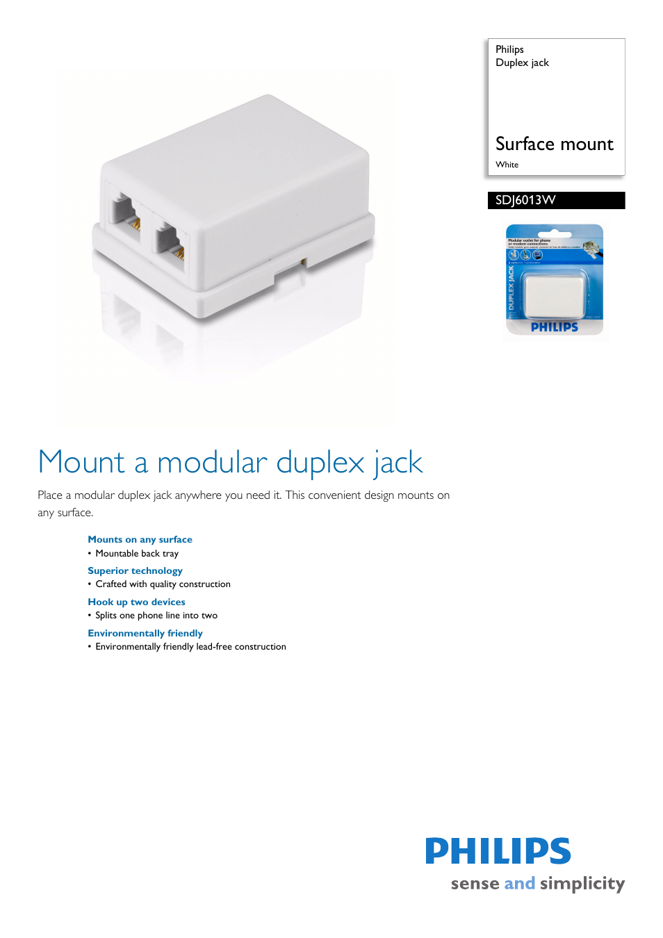 Philips Duplex jack SDJ6013W Surface mount White User Manual | 2 pages