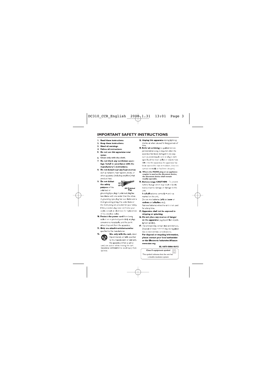 Important safety instructions | Philips DC310-37 User Manual | Page 3 / 19