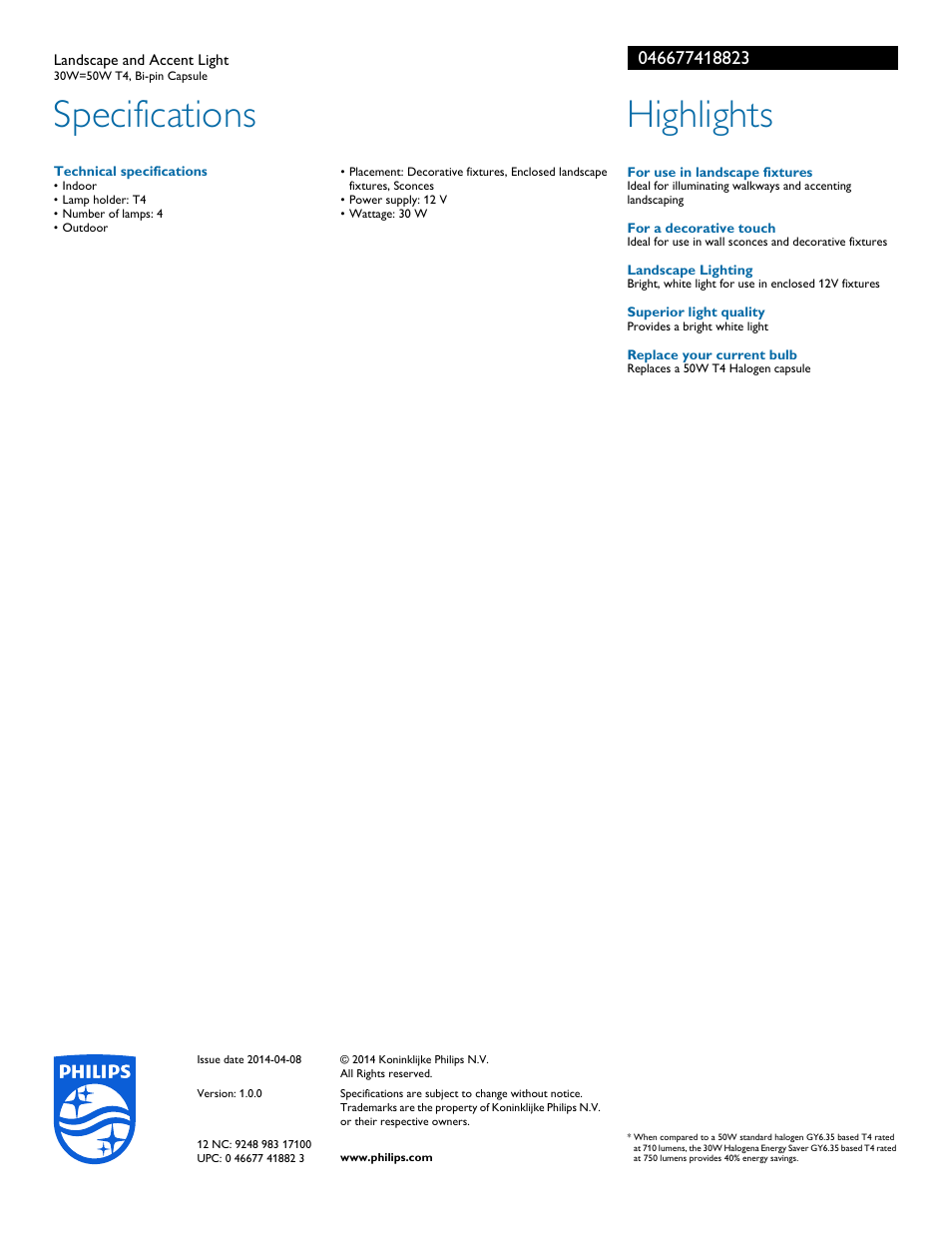 Specifications, Highlights | Philips 046677418823 User Manual | Page 2 / 2