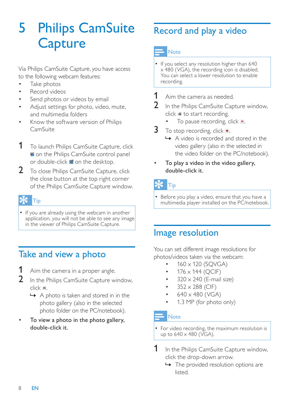 5 philips camsuite capture, Take and view a photo, Record and play a video | Image resolution, Take and view a photo 1 | Philips SPZ2500-00 User Manual | Page 10 / 20