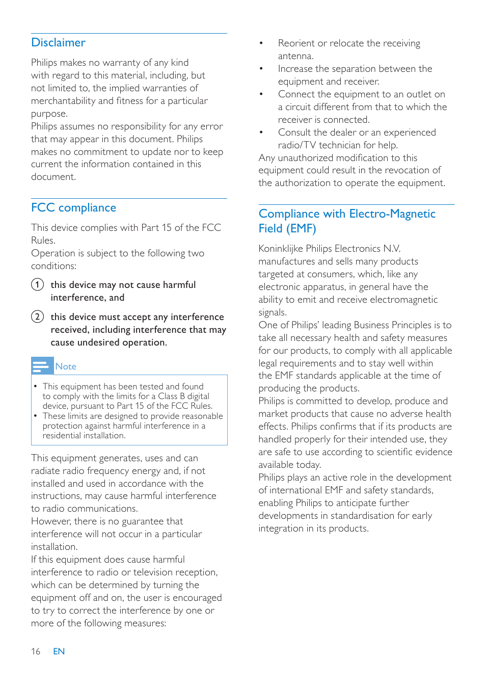 Disclaimer, Fcc compliance, Compliance with electro-magnetic field (emf) | Compliance with electro-magnetic, Field (emf) | Philips SPZ2500-00 User Manual | Page 18 / 20