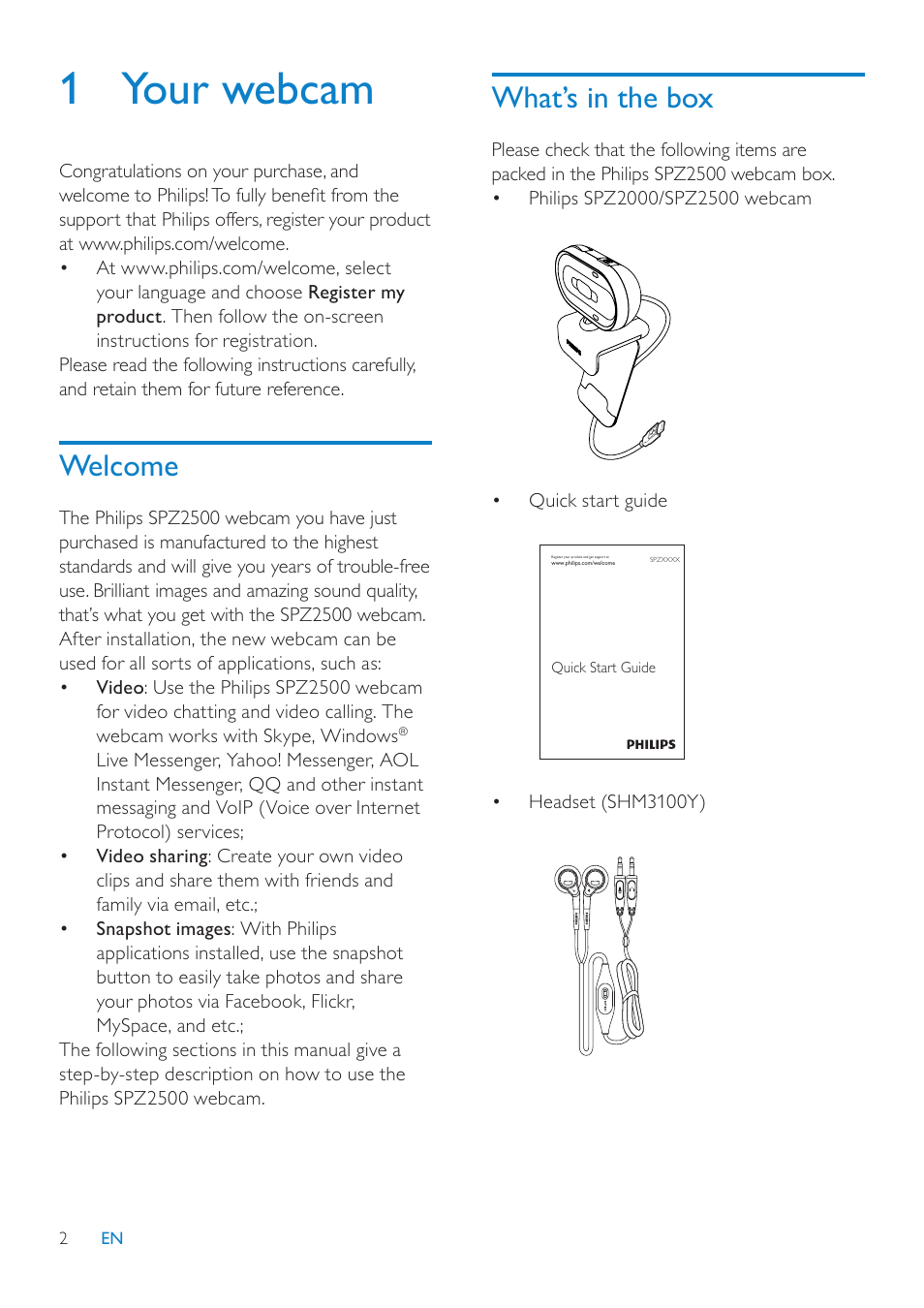 1 your webcam, Welcome, What’s in the box | Philips SPZ2500-00 User Manual | Page 4 / 20