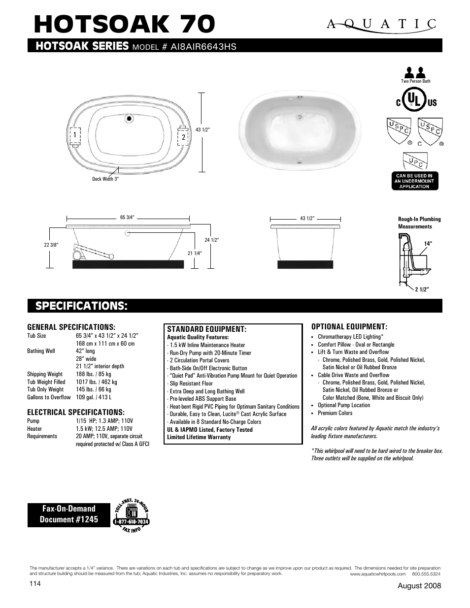 Aquatic HOTSOAK 70 AI8AIR6643HS User Manual | 1 page