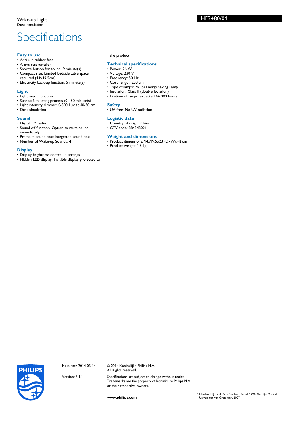 Specifications | Philips HF3480-01 User Manual | Page 3 / 3