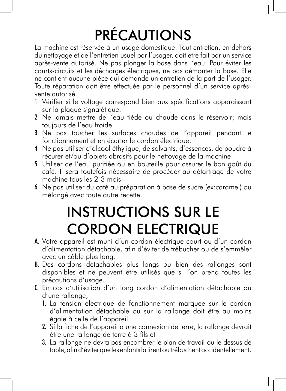 Précautions, Instructions sur le cordon electrique | Philips 711412008 User Manual | Page 29 / 84