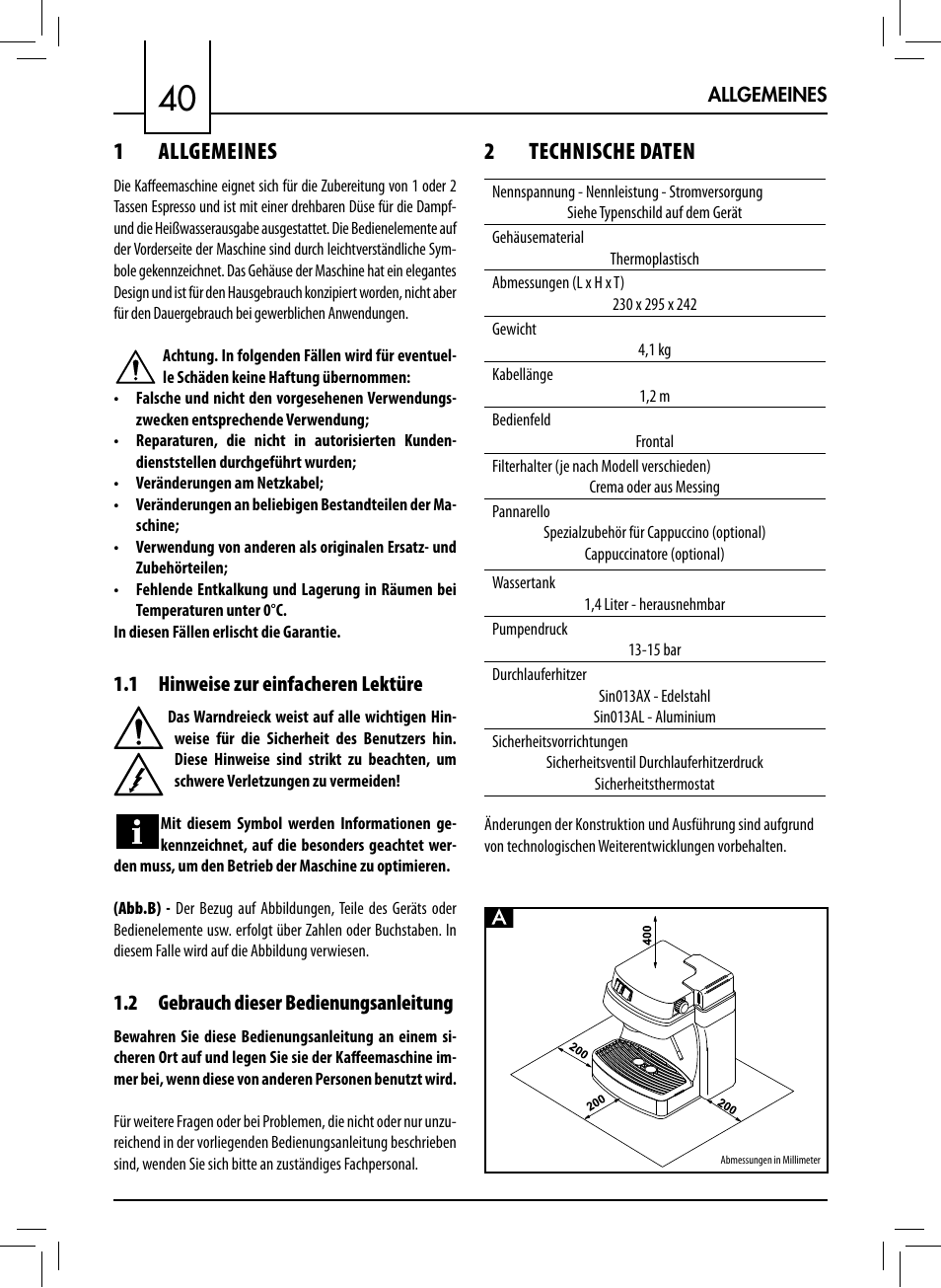 1 allgemeines, 2 technische daten | Philips 711412008 User Manual | Page 40 / 84