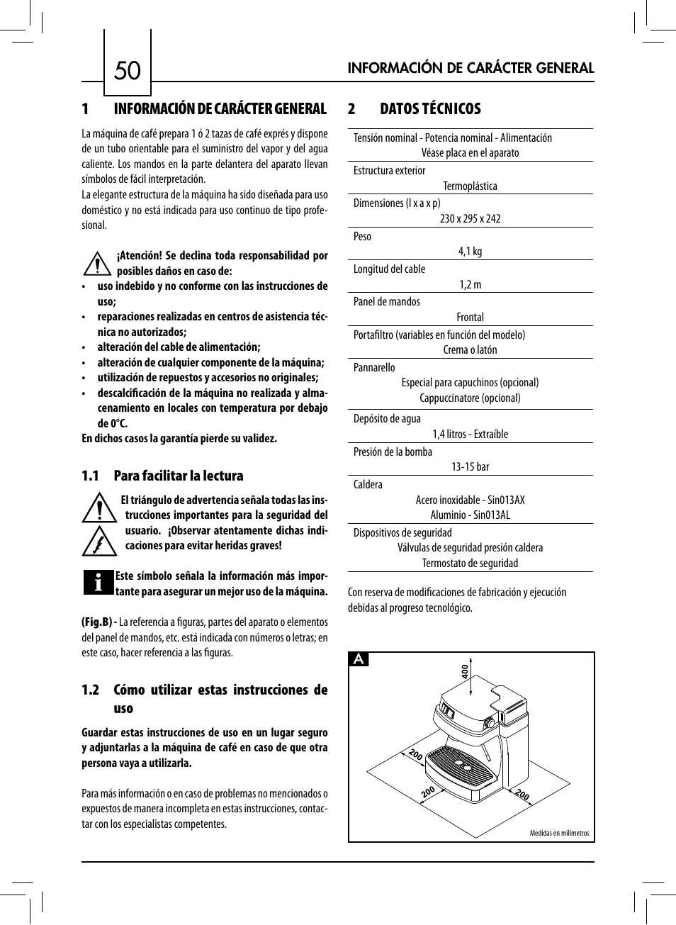 1información de carácter general, 2 datos técnicos | Philips 711412008 User Manual | Page 50 / 84